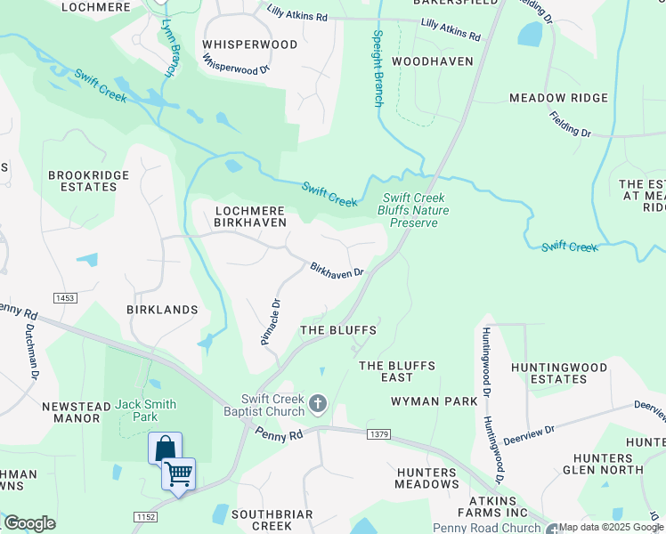 map of restaurants, bars, coffee shops, grocery stores, and more near 106 Birkhaven Drive in Cary