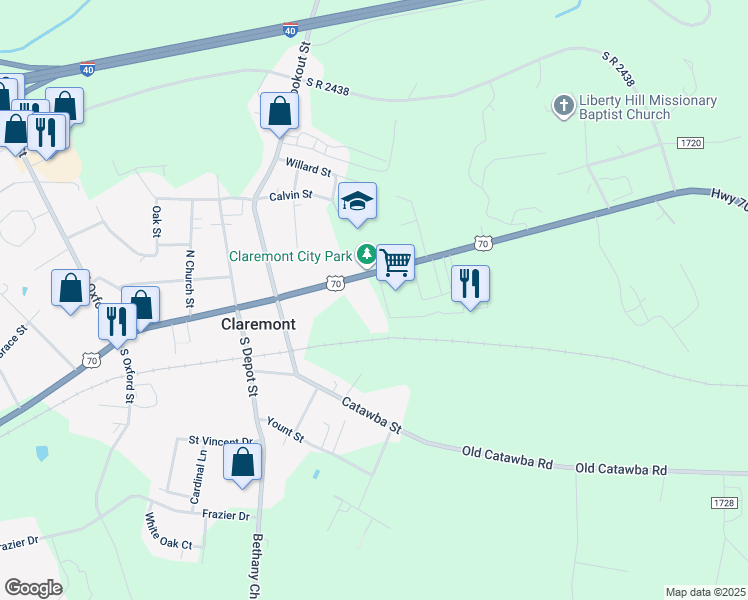 map of restaurants, bars, coffee shops, grocery stores, and more near 3445 East Main Street in Claremont