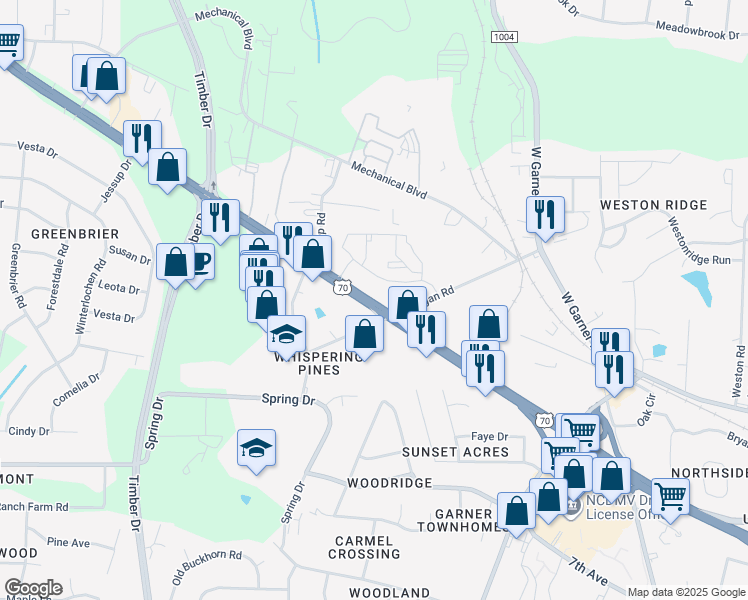 map of restaurants, bars, coffee shops, grocery stores, and more near 920 U.S. 70 in Garner