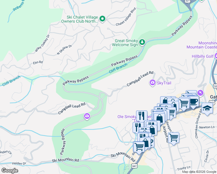 map of restaurants, bars, coffee shops, grocery stores, and more near 927 Statham Way in Gatlinburg