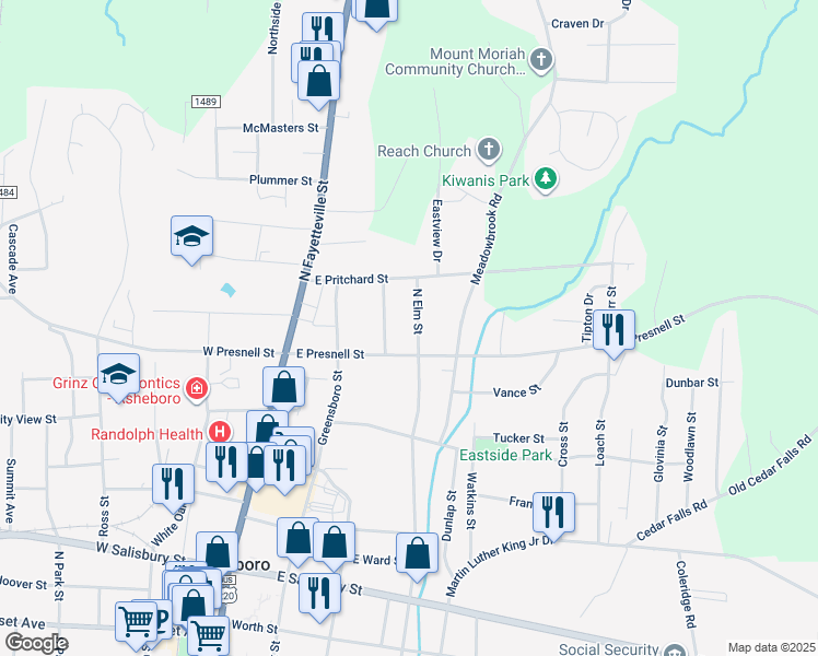 map of restaurants, bars, coffee shops, grocery stores, and more near 621 North Elm Street in Asheboro