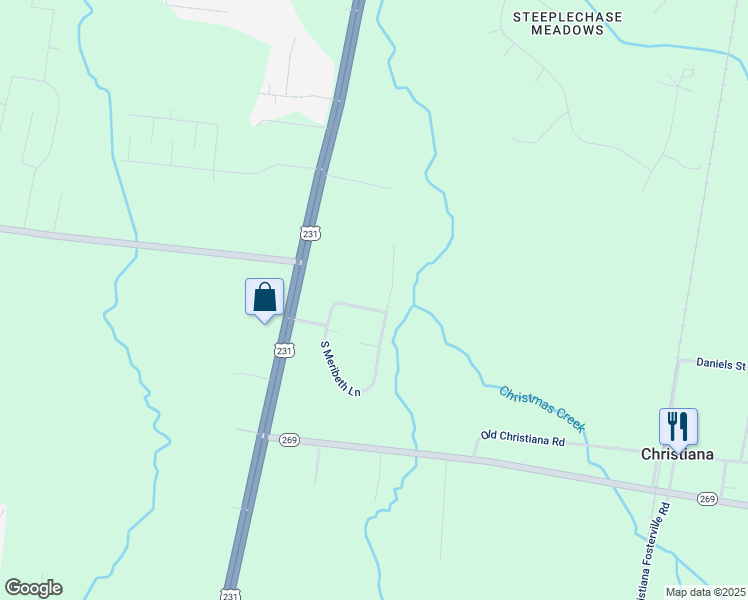 map of restaurants, bars, coffee shops, grocery stores, and more near 315 North Meribeth Lane in Christiana