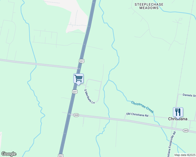 map of restaurants, bars, coffee shops, grocery stores, and more near 315 North Meribeth Lane in Christiana