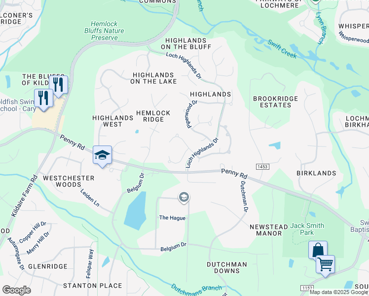 map of restaurants, bars, coffee shops, grocery stores, and more near 100 Greymist Lane in Cary