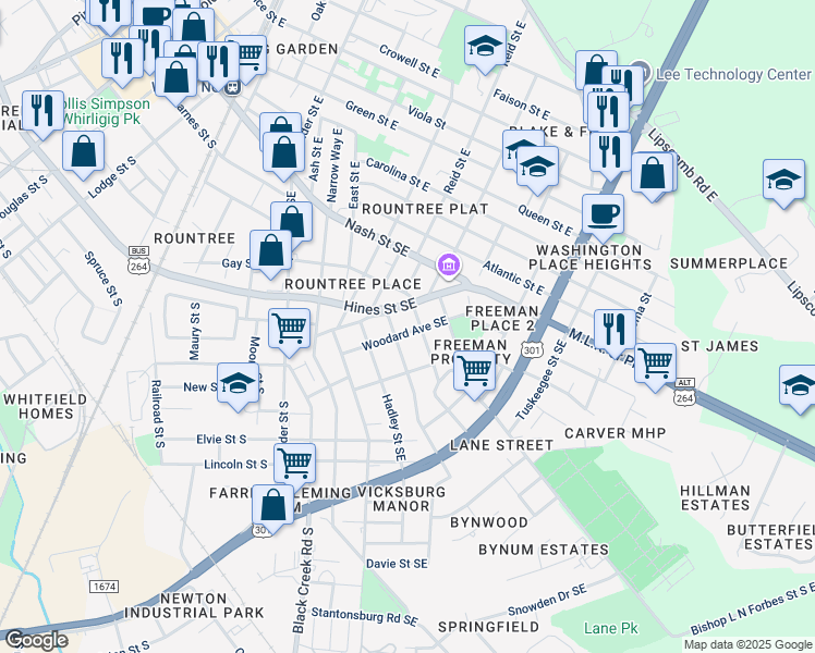 map of restaurants, bars, coffee shops, grocery stores, and more near 1111 Woodard Avenue Southeast in Wilson