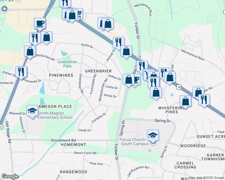 map of restaurants, bars, coffee shops, grocery stores, and more near 3501 Vesta Drive in Raleigh