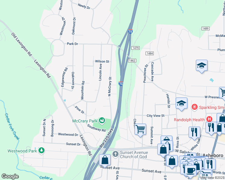 map of restaurants, bars, coffee shops, grocery stores, and more near 520 North McCrary Street in Asheboro