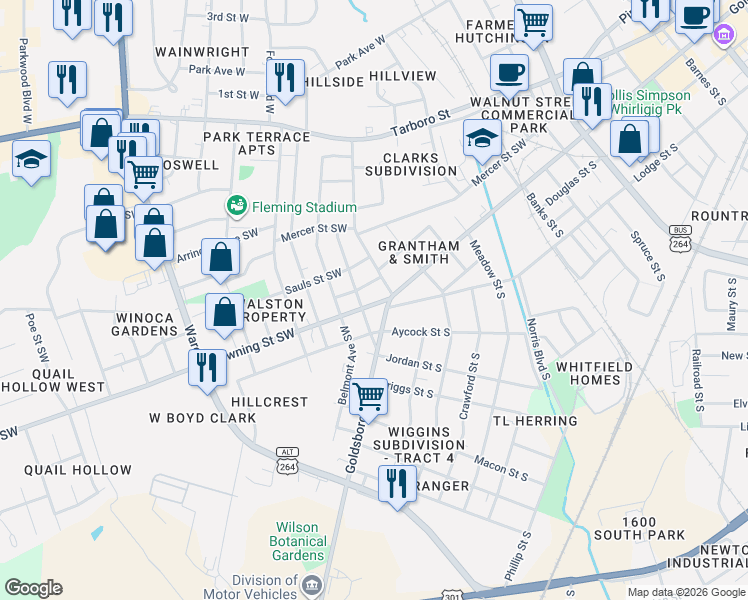 map of restaurants, bars, coffee shops, grocery stores, and more near 1104 Downing Street Southwest in Wilson