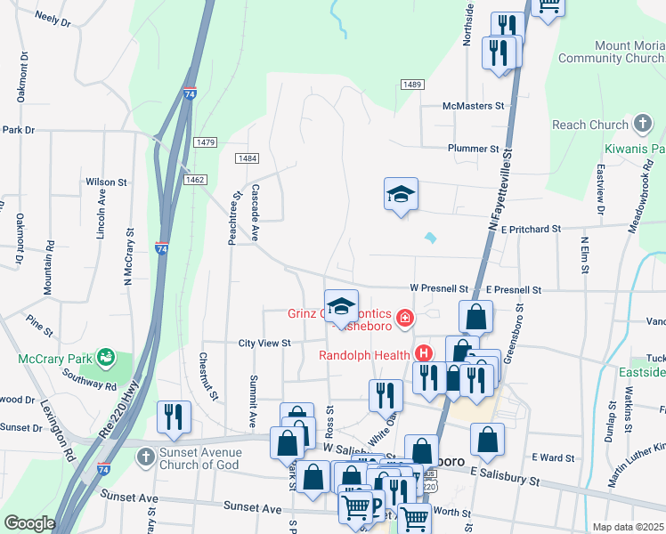 map of restaurants, bars, coffee shops, grocery stores, and more near 330 West Presnell Street in Asheboro