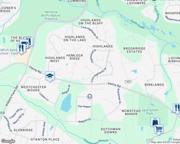 map of restaurants, bars, coffee shops, grocery stores, and more near 100 Greymist Lane in Cary