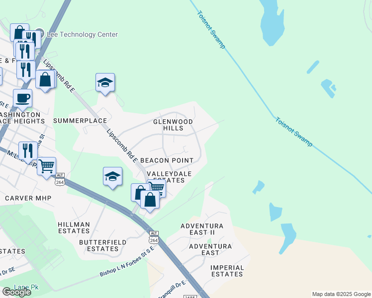 map of restaurants, bars, coffee shops, grocery stores, and more near 1901 Lenoir Drive East in Wilson