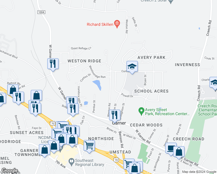 map of restaurants, bars, coffee shops, grocery stores, and more near 137 Weston Road in Garner