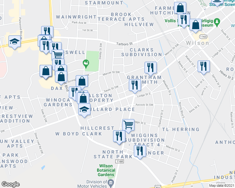 map of restaurants, bars, coffee shops, grocery stores, and more near 599 Belmont Avenue Southwest in Wilson