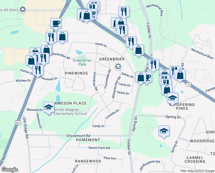 map of restaurants, bars, coffee shops, grocery stores, and more near 4713 Forestdale Road in Raleigh