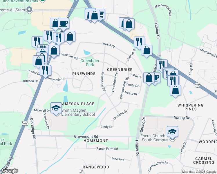 map of restaurants, bars, coffee shops, grocery stores, and more near 4804 Greenbrier Road in Raleigh