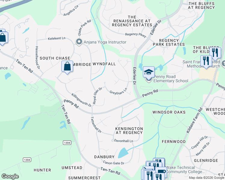 map of restaurants, bars, coffee shops, grocery stores, and more near 120 Greyfriars Lane in Cary