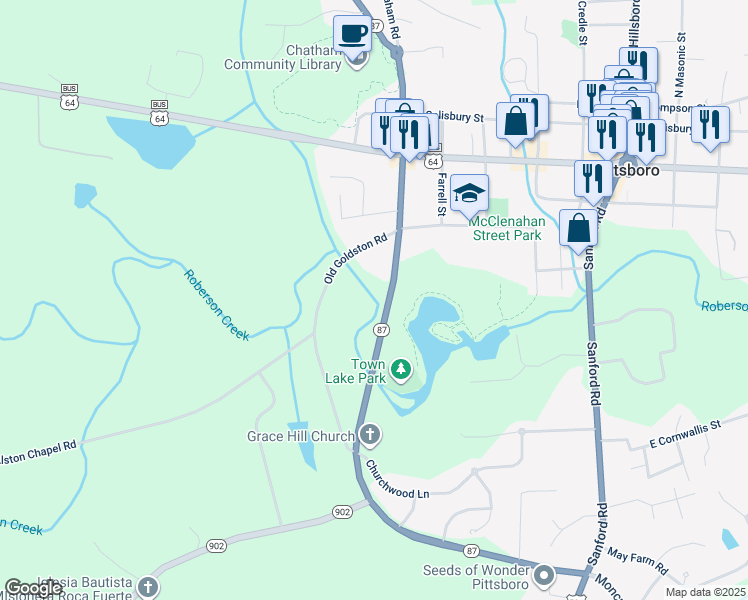 map of restaurants, bars, coffee shops, grocery stores, and more near 404 North Carolina 902 in Pittsboro