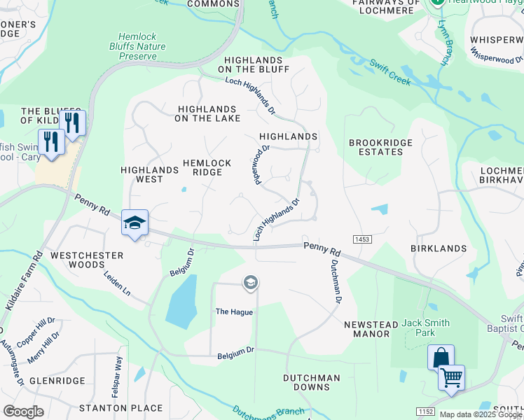 map of restaurants, bars, coffee shops, grocery stores, and more near 302 Bonniewood Drive in Cary