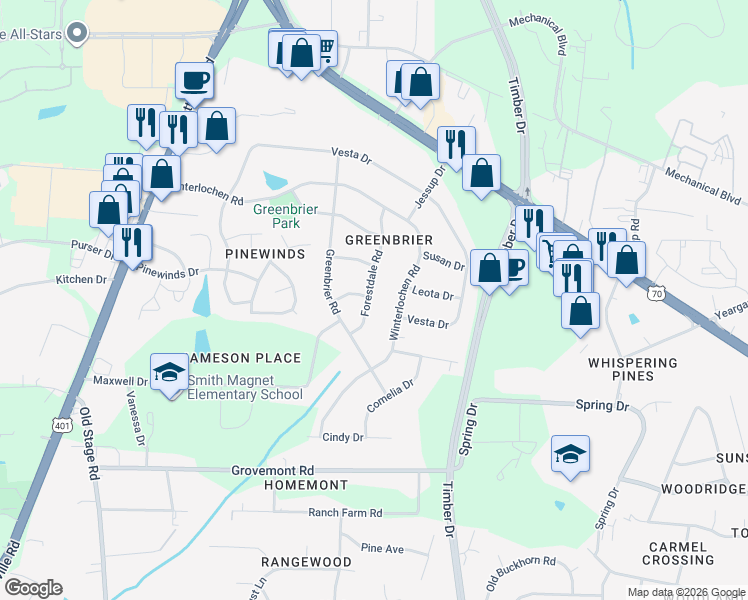 map of restaurants, bars, coffee shops, grocery stores, and more near 4713 Forestdale Road in Raleigh
