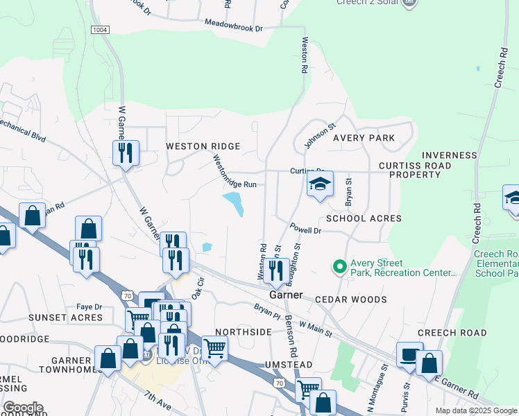 map of restaurants, bars, coffee shops, grocery stores, and more near 137 Weston Road in Garner