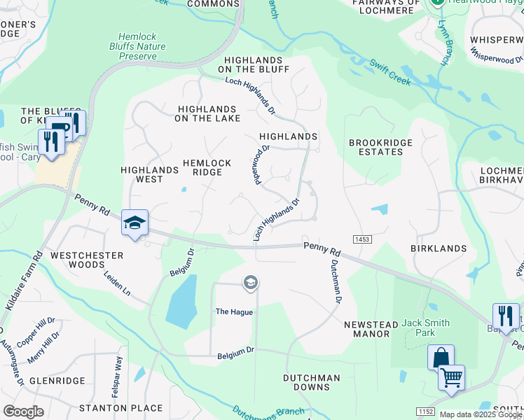 map of restaurants, bars, coffee shops, grocery stores, and more near 302 Bonniewood Drive in Cary