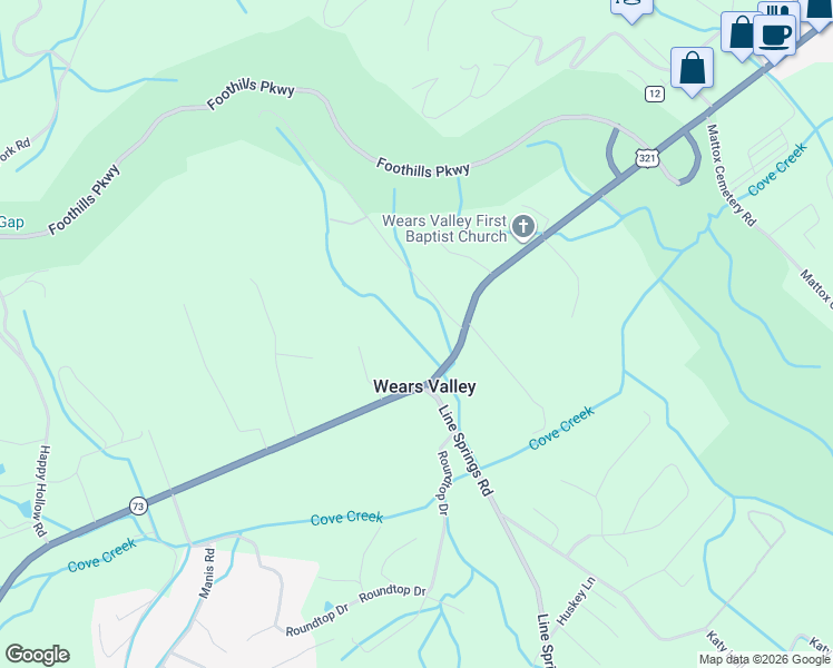 map of restaurants, bars, coffee shops, grocery stores, and more near 3640 Wears Valley Road in Sevierville