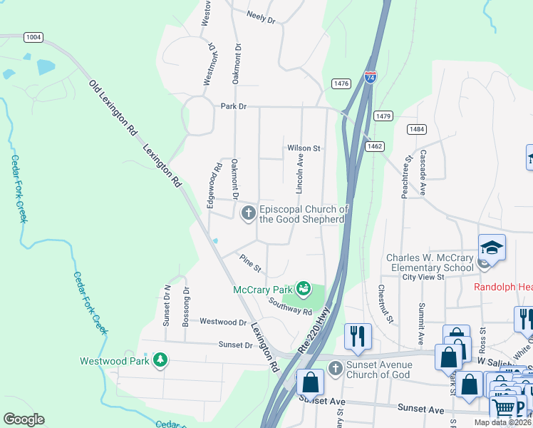 map of restaurants, bars, coffee shops, grocery stores, and more near 1122 Chapel Gate Lane in Asheboro