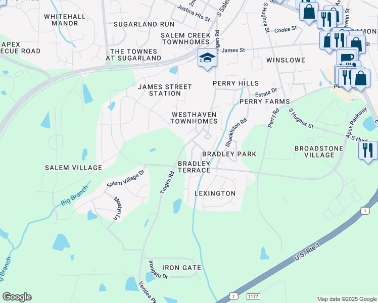 map of restaurants, bars, coffee shops, grocery stores, and more near 120 Anterbury Drive in Apex