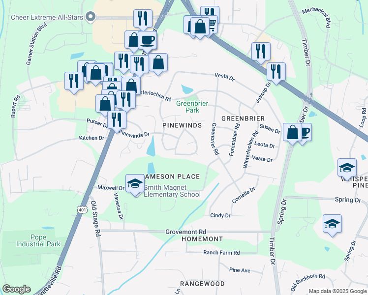 map of restaurants, bars, coffee shops, grocery stores, and more near 113 Autumn Pine Court in Raleigh