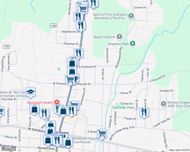 map of restaurants, bars, coffee shops, grocery stores, and more near 311E East Presnell Street in Asheboro
