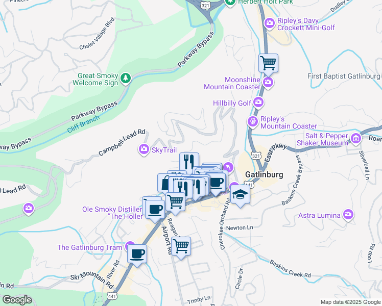 map of restaurants, bars, coffee shops, grocery stores, and more near 501 Smoky View Court in Gatlinburg