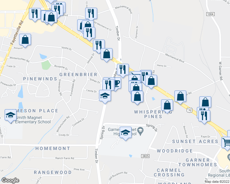 map of restaurants, bars, coffee shops, grocery stores, and more near 2700 Timber Drive in Garner