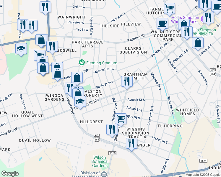 map of restaurants, bars, coffee shops, grocery stores, and more near 513 Belmont Avenue Southwest in Wilson