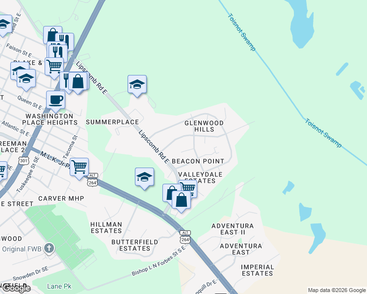 map of restaurants, bars, coffee shops, grocery stores, and more near 1903 Claremont Circle East in Wilson