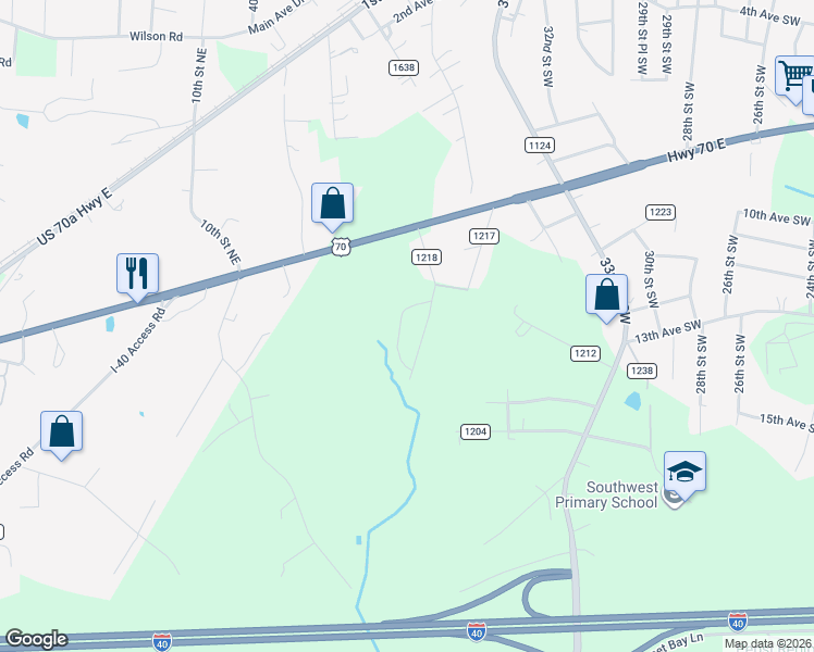 map of restaurants, bars, coffee shops, grocery stores, and more near 1308 39th Street Southwest in Hickory