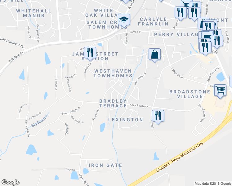 map of restaurants, bars, coffee shops, grocery stores, and more near 118 Baberton Drive in Apex
