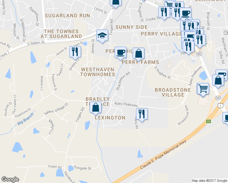 map of restaurants, bars, coffee shops, grocery stores, and more near 1022 Shackleton Road in Apex