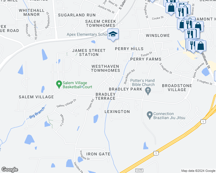 map of restaurants, bars, coffee shops, grocery stores, and more near 116 Baberton Drive in Apex
