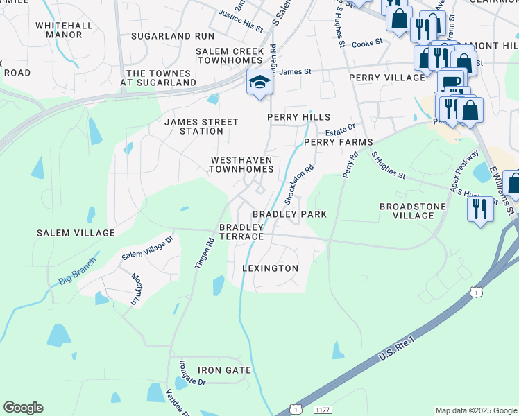 map of restaurants, bars, coffee shops, grocery stores, and more near 205 Baberton Drive in Apex