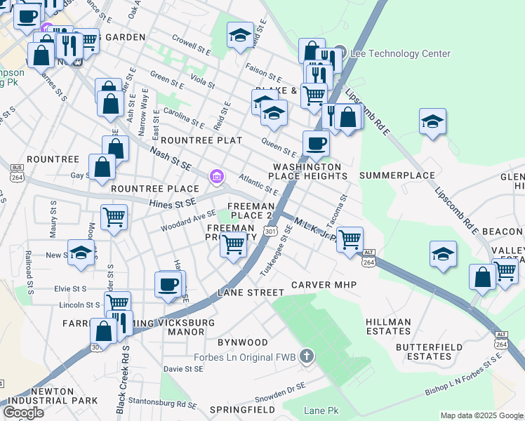 map of restaurants, bars, coffee shops, grocery stores, and more near 101-199 Powell Street North in Wilson
