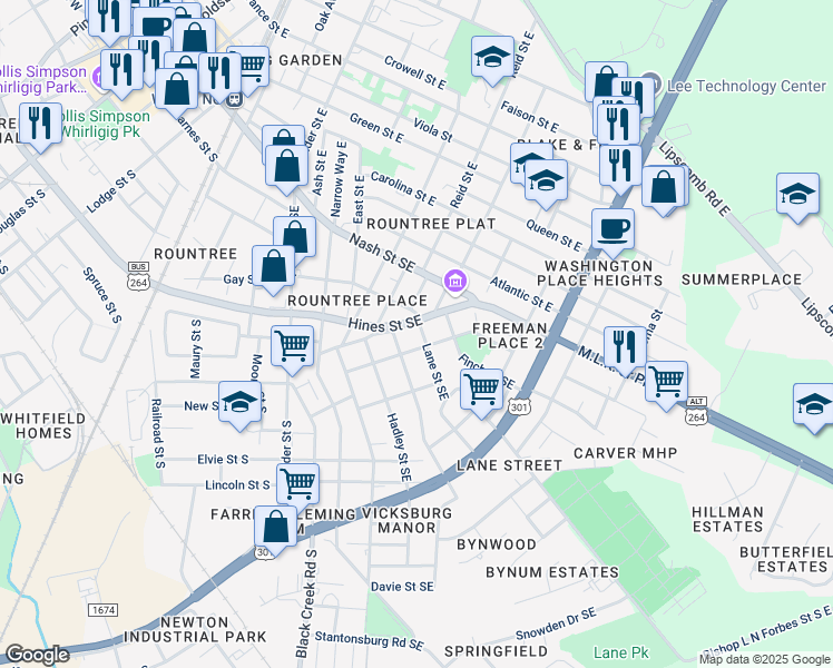 map of restaurants, bars, coffee shops, grocery stores, and more near 1018 Robeson Street Southeast in Wilson