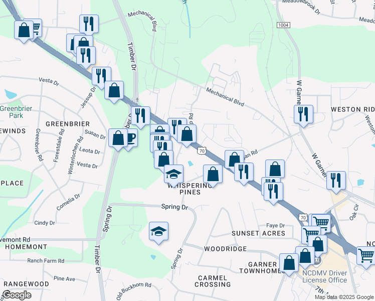 map of restaurants, bars, coffee shops, grocery stores, and more near 1027 U.S. 70 in Garner