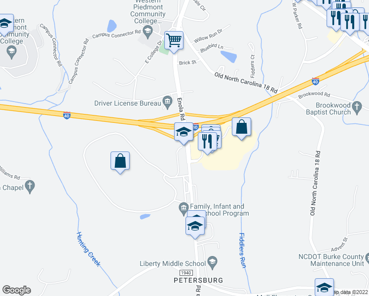map of restaurants, bars, coffee shops, grocery stores, and more near 300 Enola Road in Morganton