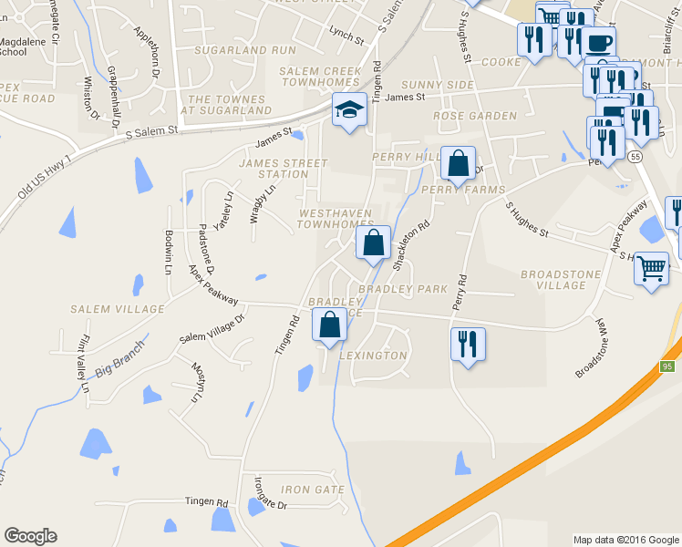 map of restaurants, bars, coffee shops, grocery stores, and more near 110 Baberton Drive in Apex