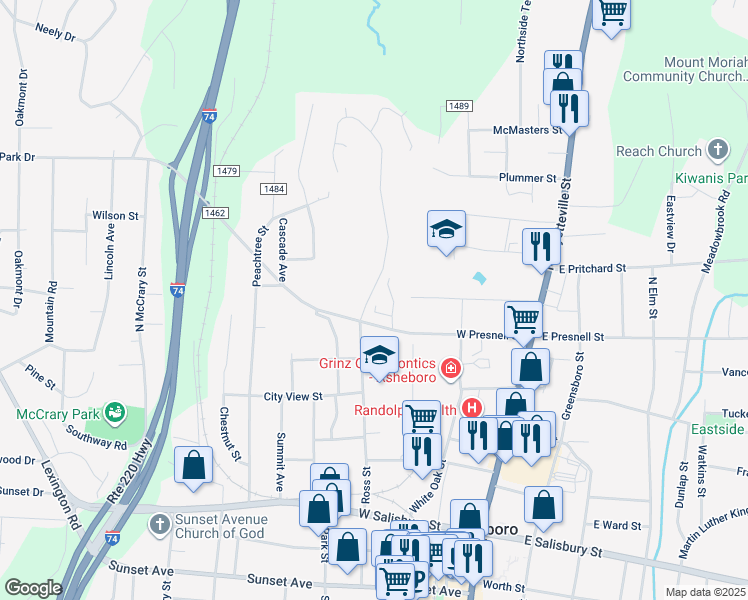 map of restaurants, bars, coffee shops, grocery stores, and more near 330 West Presnell Street in Asheboro