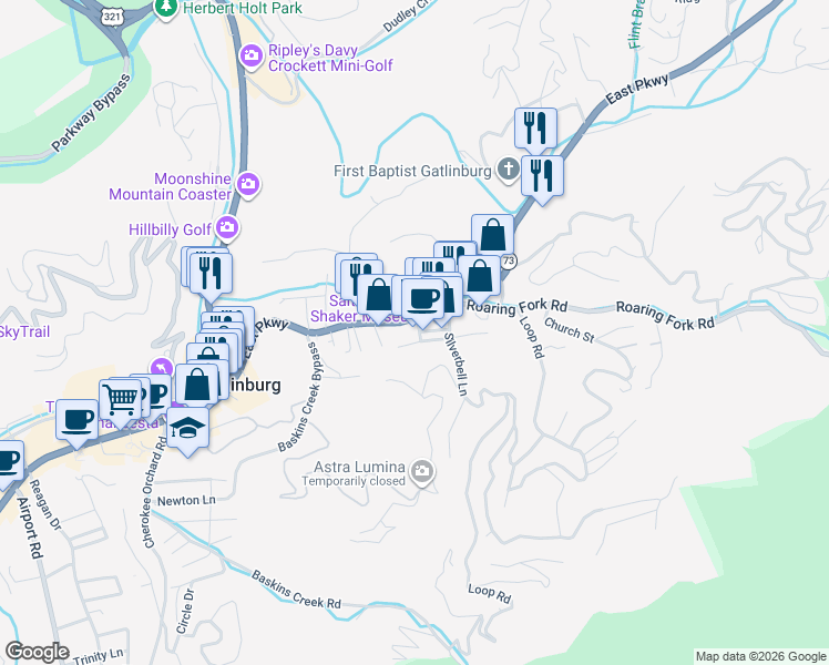 map of restaurants, bars, coffee shops, grocery stores, and more near 463 Tennessee 73 in Gatlinburg