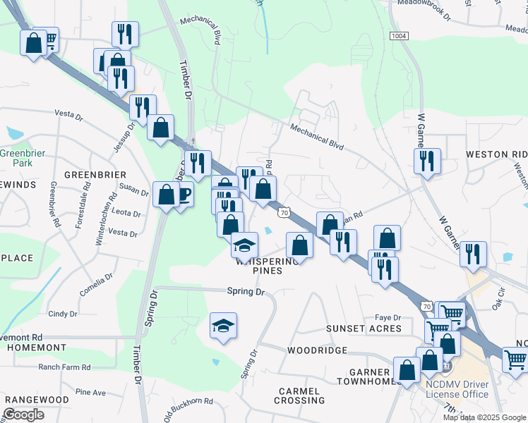 map of restaurants, bars, coffee shops, grocery stores, and more near 1027 U.S. 70 in Garner