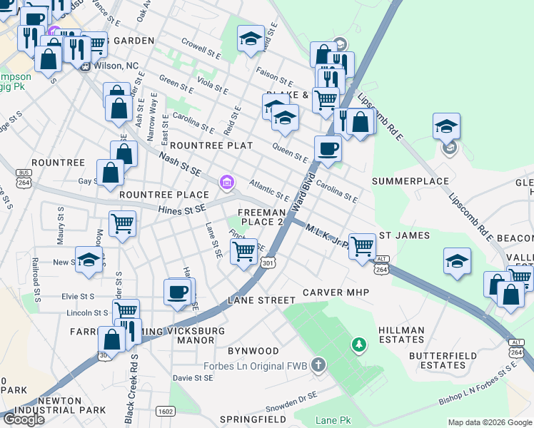 map of restaurants, bars, coffee shops, grocery stores, and more near 101-199 Powell Street North in Wilson