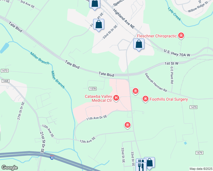 map of restaurants, bars, coffee shops, grocery stores, and more near 810 Fairgrove Church Road Southeast in Hickory