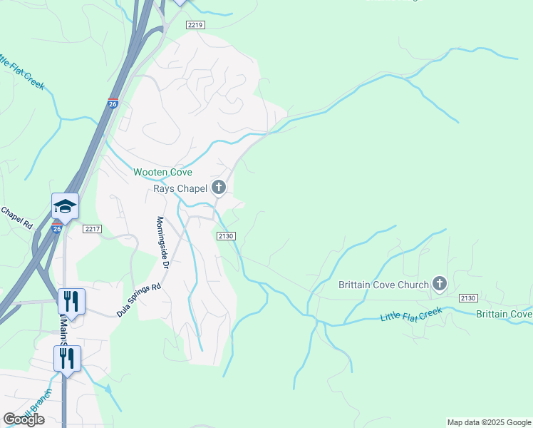 map of restaurants, bars, coffee shops, grocery stores, and more near 192 Dula Springs Road in Weaverville